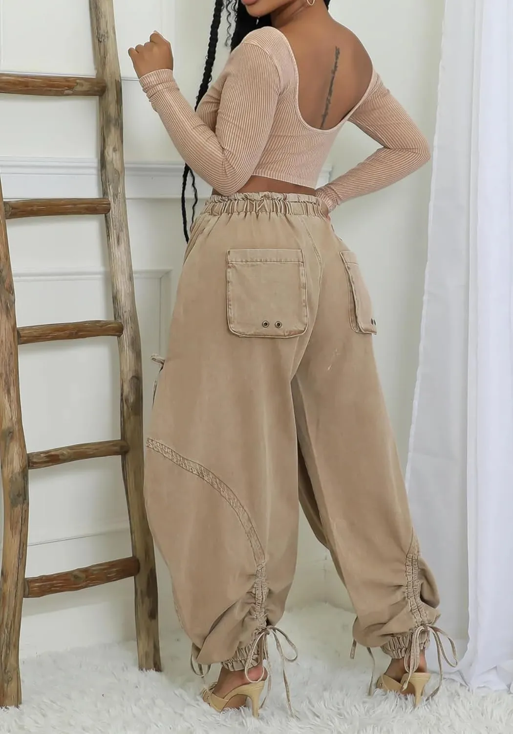Tbahhir Baggy Cargo Jeans for Women High Waist Wide Leg Denim Pants Loose Harem Drawstring Jogger Sweatpants Trousers