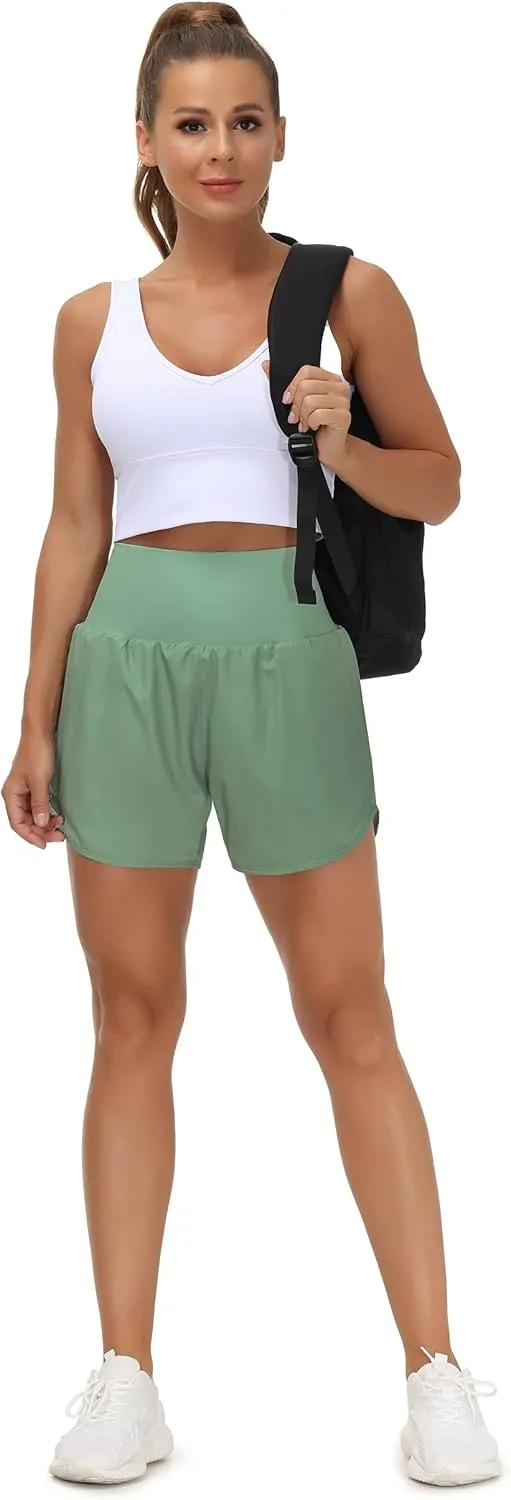 THE GYM PEOPLE Womens High Waist Running Shorts with Liner Athletic Hiking Workout Shorts Zip Pockets