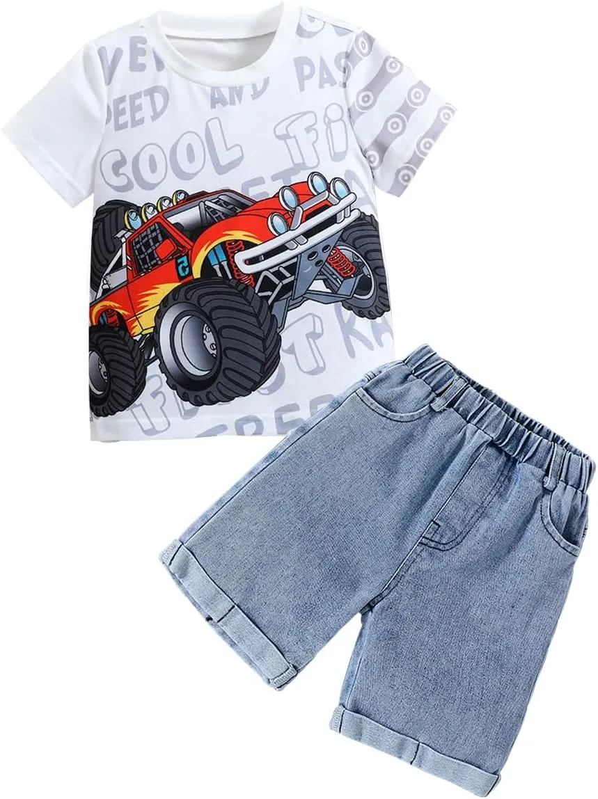 Toddler Summer Set - Car Printed Short Sleeve Shirt and Denim Shorts - Boys Short Jean Outfit (3-7 T)