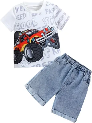 Toddler Summer Set - Car Printed Short Sleeve Shirt and Denim Shorts - Boys Short Jean Outfit (3-7 T)