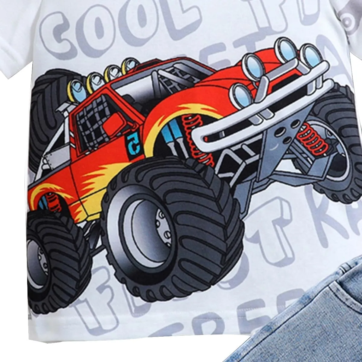Toddler Summer Set - Car Printed Short Sleeve Shirt and Denim Shorts - Boys Short Jean Outfit (3-7 T)