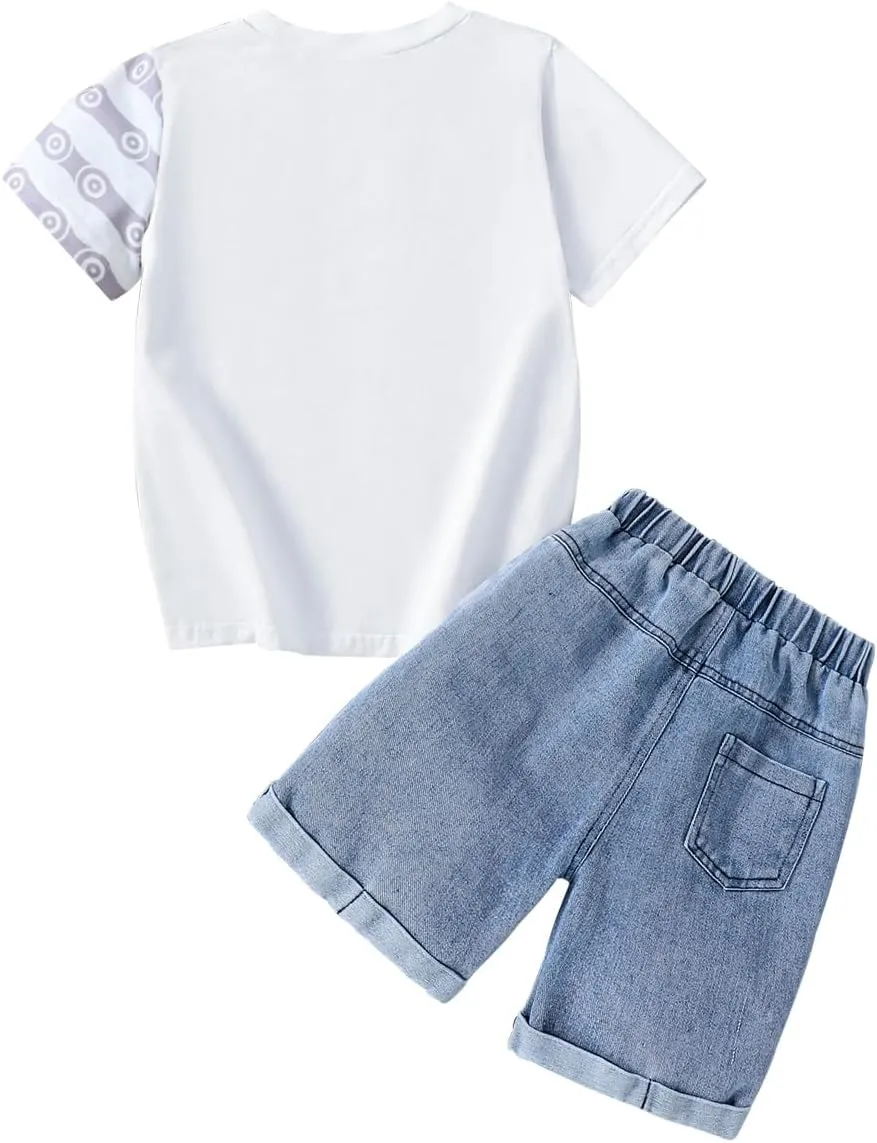 Toddler Summer Set - Car Printed Short Sleeve Shirt and Denim Shorts - Boys Short Jean Outfit (3-7 T)