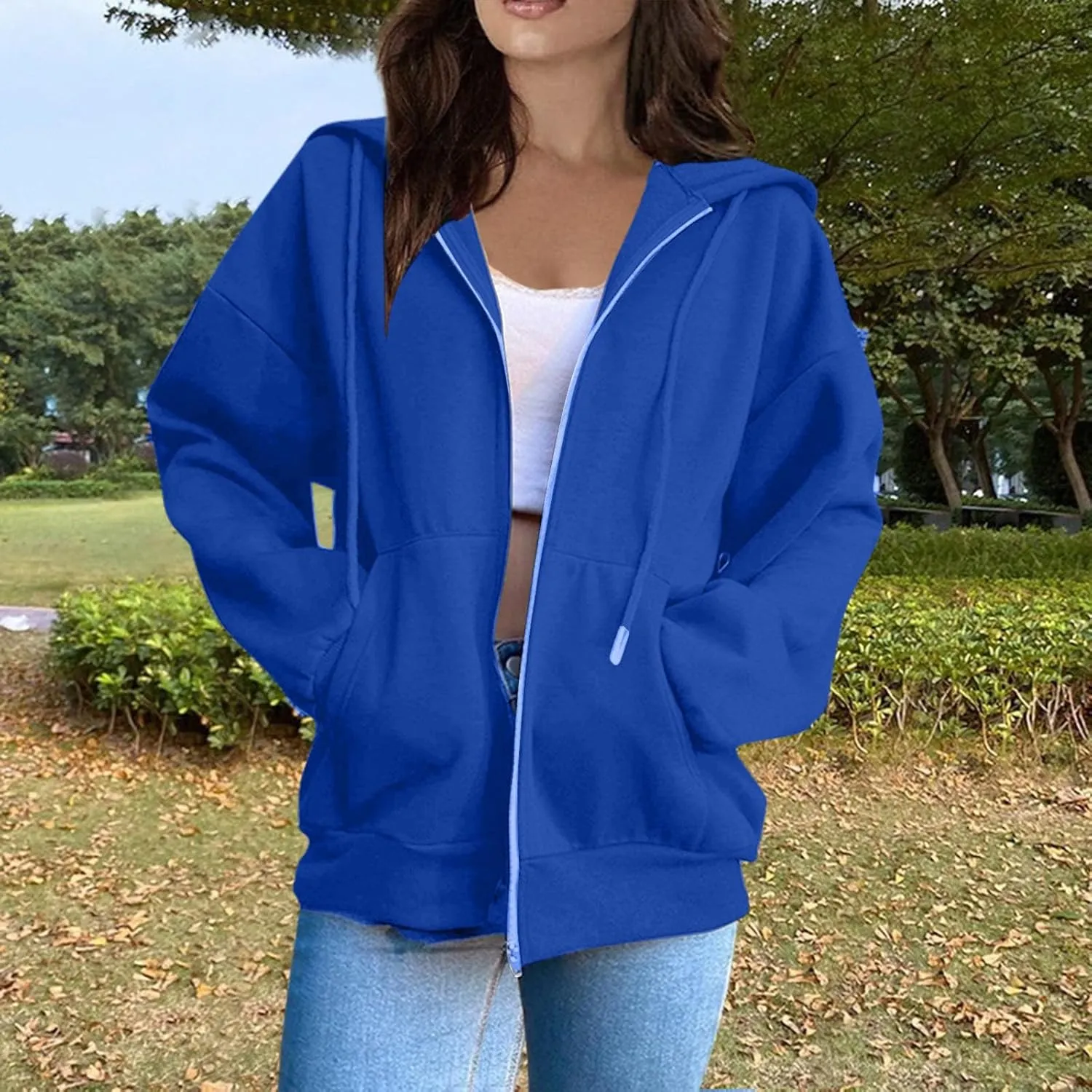 Tops for Women Zip Up Hooded Sweatshirt Ladies Solid Color Long Sleeve Casual Loose Lightweight Jacket with Pockets