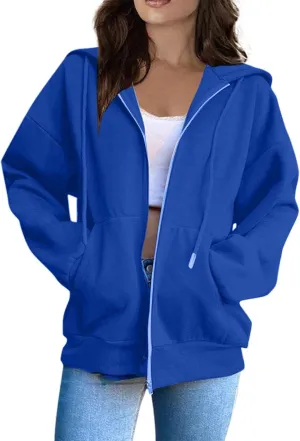 Tops for Women Zip Up Hooded Sweatshirt Ladies Solid Color Long Sleeve Casual Loose Lightweight Jacket with Pockets
