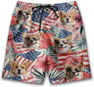 Tropical Dog Mens Swim Trunks - US Patriot Hawaiian Mens Shorts Casual, Summer Drawstring Beachwear Shorts
