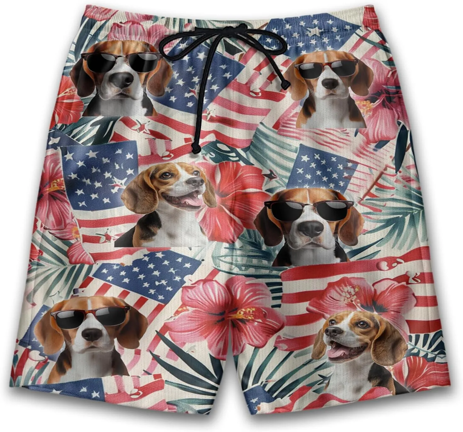Tropical Dog Mens Swim Trunks - US Patriot Hawaiian Mens Shorts Casual, Summer Drawstring Beachwear Shorts