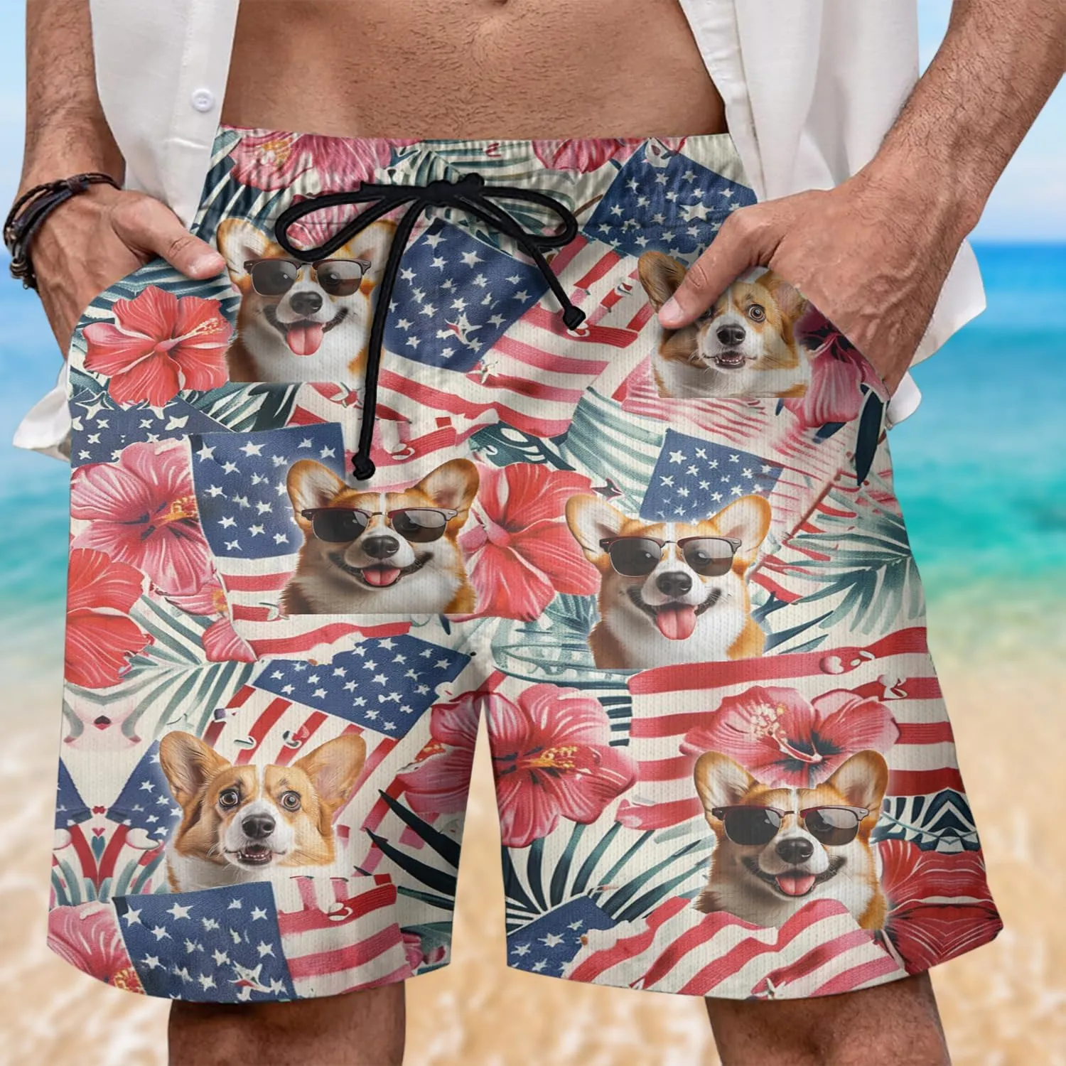 Tropical Dog Mens Swim Trunks - US Patriot Hawaiian Mens Shorts Casual, Summer Drawstring Beachwear Shorts