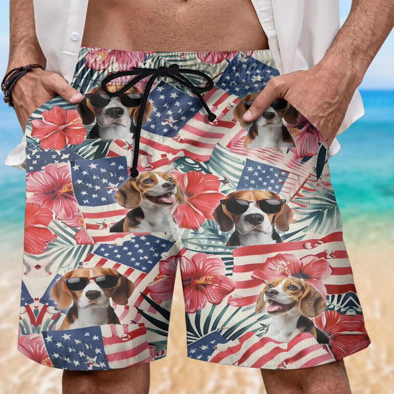 Tropical Dog Mens Swim Trunks - US Patriot Hawaiian Mens Shorts Casual, Summer Drawstring Beachwear Shorts