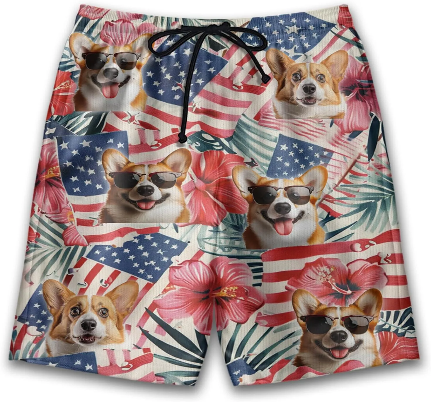 Tropical Dog Mens Swim Trunks - US Patriot Hawaiian Mens Shorts Casual, Summer Drawstring Beachwear Shorts