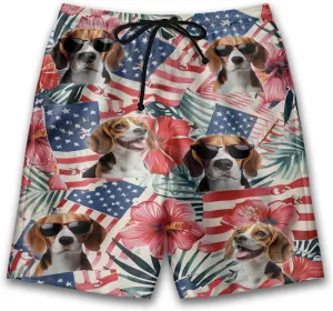 Tropical Dog Mens Swim Trunks - US Patriot Hawaiian Mens Shorts Casual, Summer Drawstring Beachwear Shorts