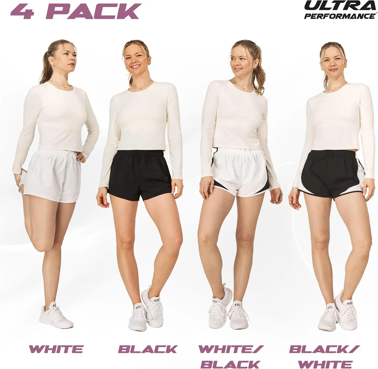 Ultra Performance Women's Running Shorts 4-Pack Athletic Workout Gym Shorts for Women, with Brief Liner