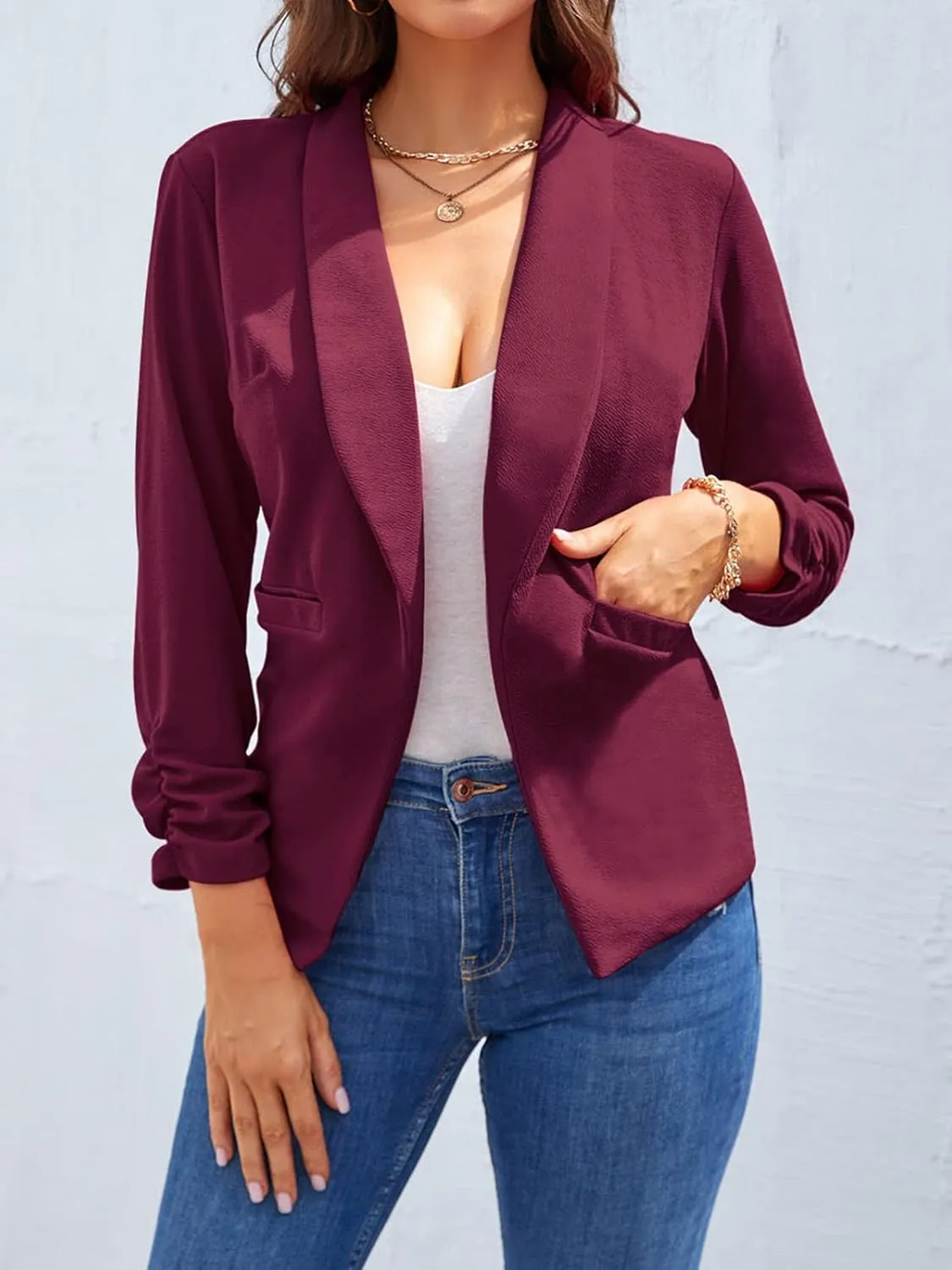 Unifizz Womens Casual Blazer Pockets Open Front Cardigan Work Office Jacket 3/4 Sleeve
