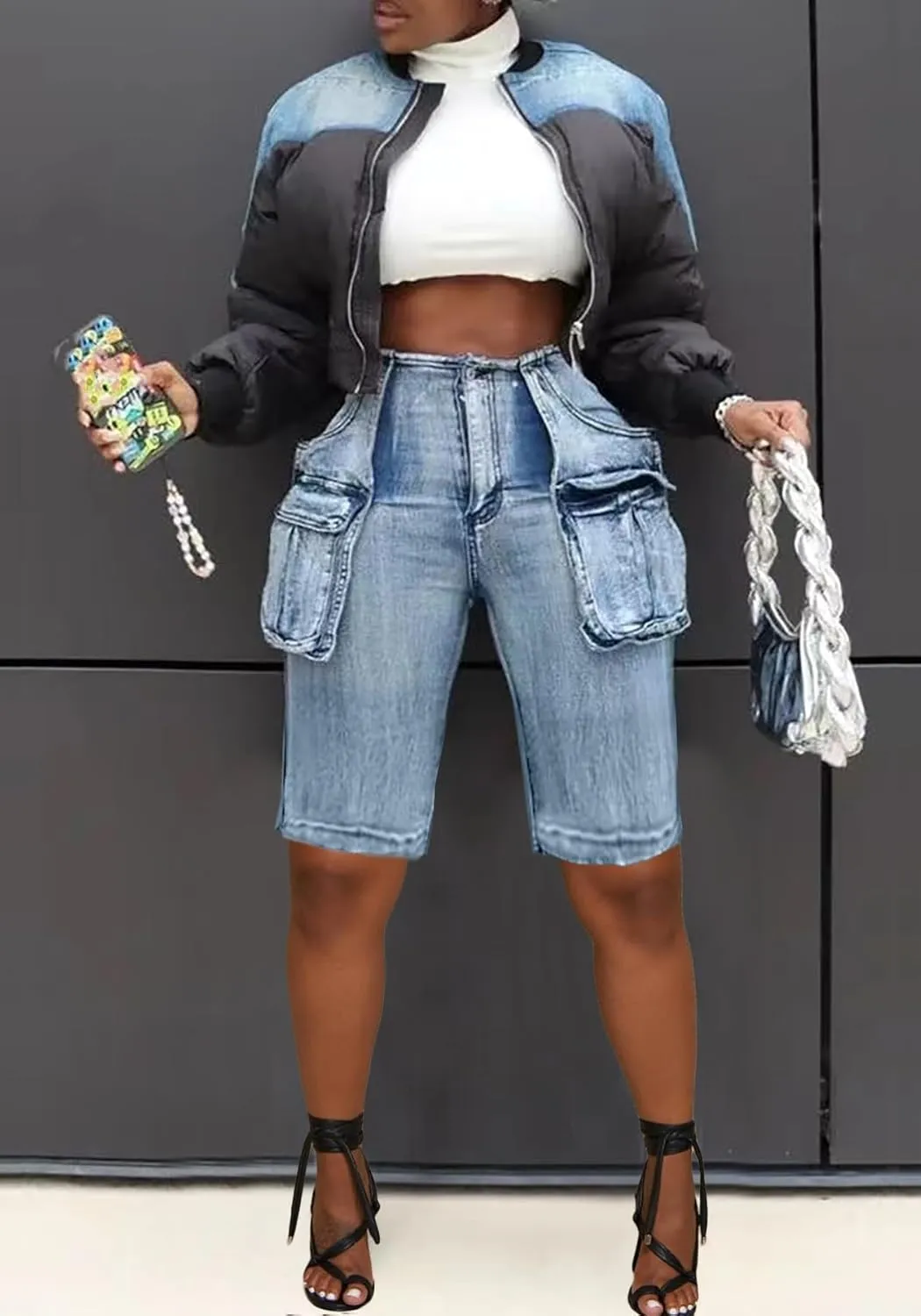 Unybwonn Women Jean Shorts Cargo High Waisted Straight Leg Denim Jorts Shorts Baggy Bermuda Short