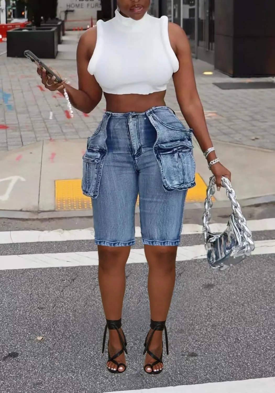 Unybwonn Women Jean Shorts Cargo High Waisted Straight Leg Denim Jorts Shorts Baggy Bermuda Short