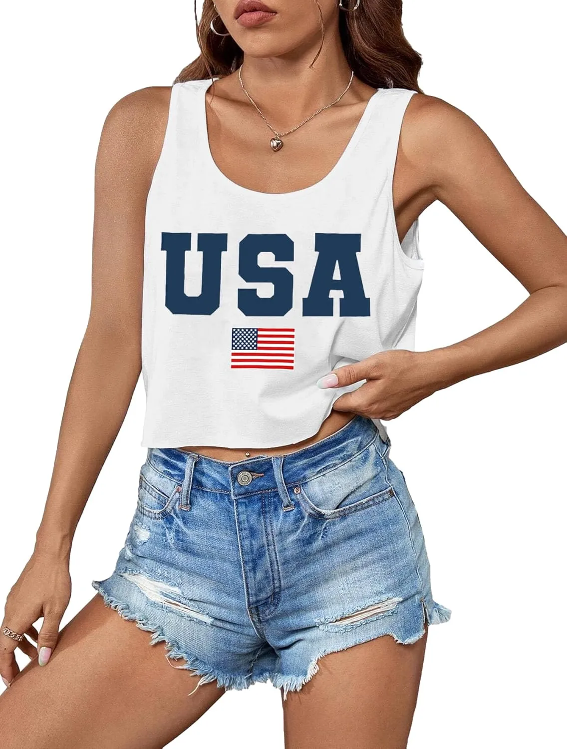 USA Tank Top Women American Flag Crop Tank 4th of July Patriotic Crop Shirts Summer Sleeveless Tee Tops