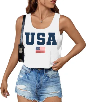 USA Tank Top Women American Flag Crop Tank 4th of July Patriotic Crop Shirts Summer Sleeveless Tee Tops