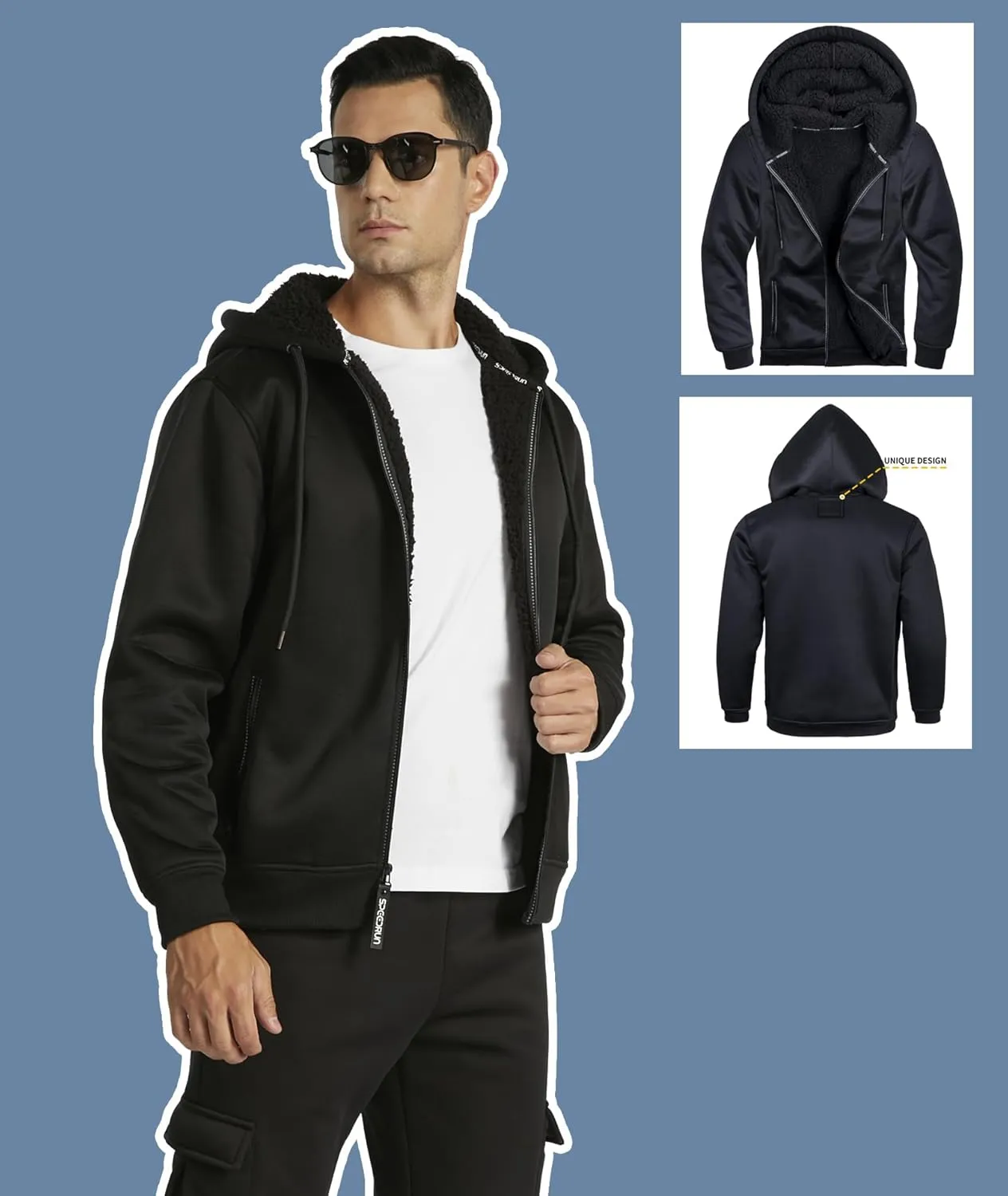 V VALANCH Men Hoodie Zip Up Winter Sherpa Lined Sweatshirt Heavyweight Thick Warm Fleece Jacket