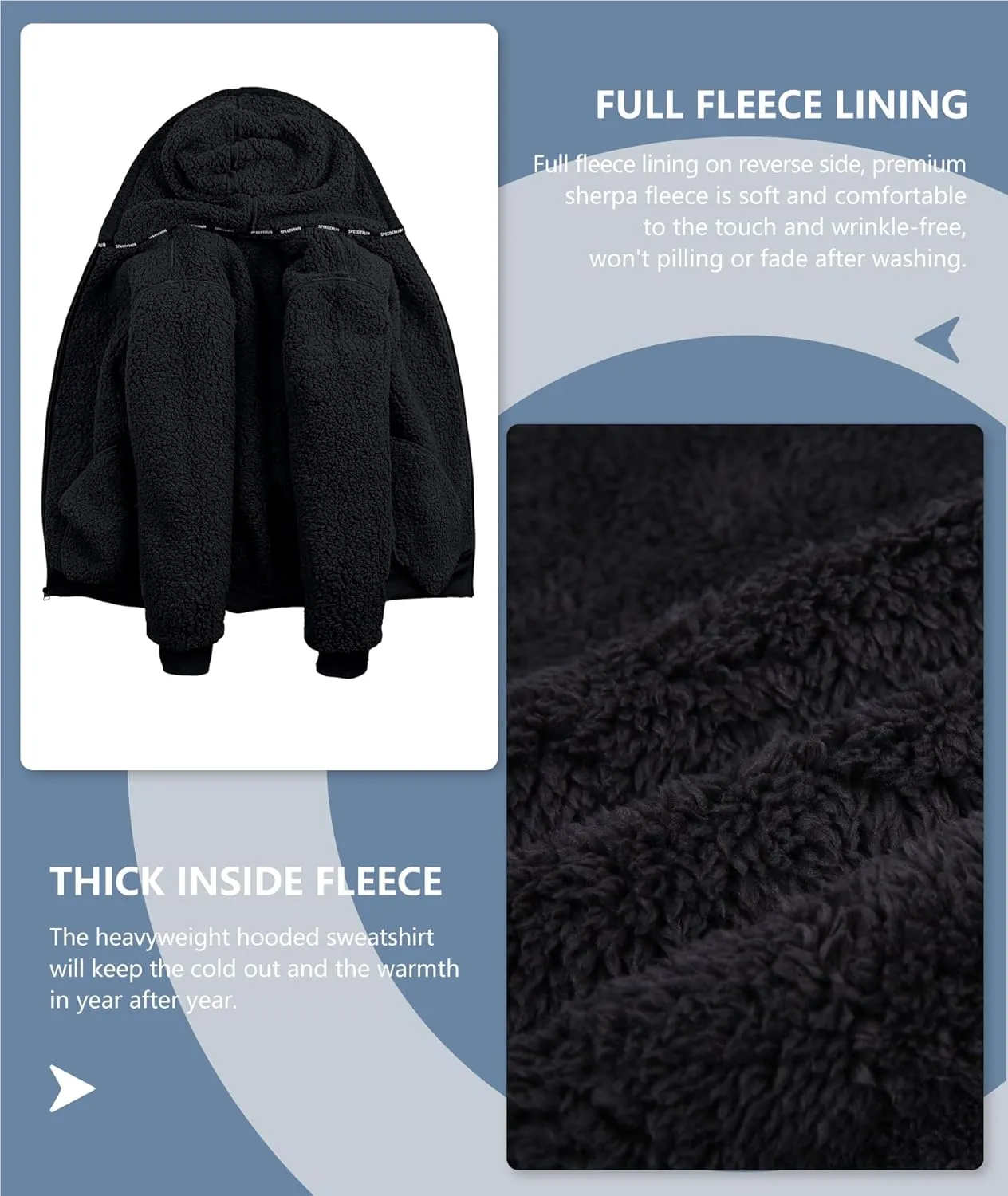 V VALANCH Men Hoodie Zip Up Winter Sherpa Lined Sweatshirt Heavyweight Thick Warm Fleece Jacket