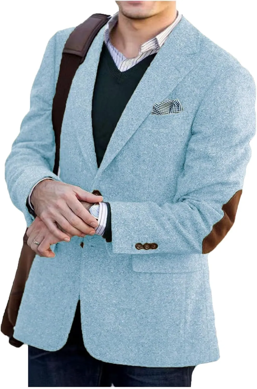 VENNYNG Brown Men's Tweed Blazer Suit Jacket with Elbow Patches Single Breasted Male Short Vintage Trench Coat