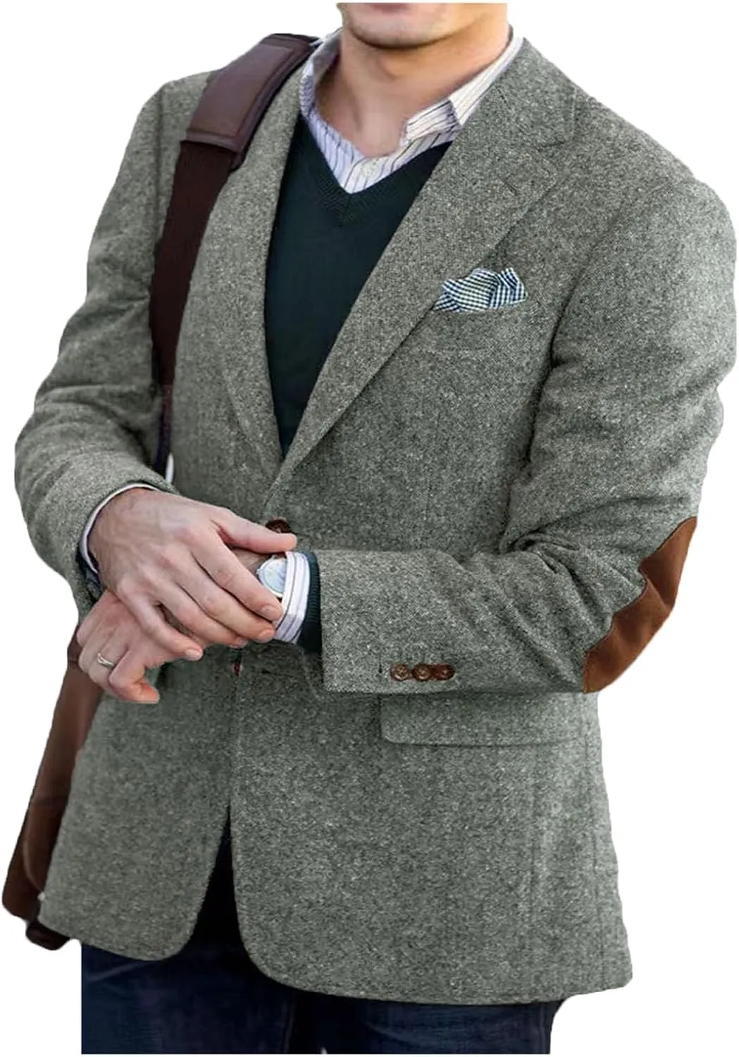 VENNYNG Brown Men's Tweed Blazer Suit Jacket with Elbow Patches Single Breasted Male Short Vintage Trench Coat