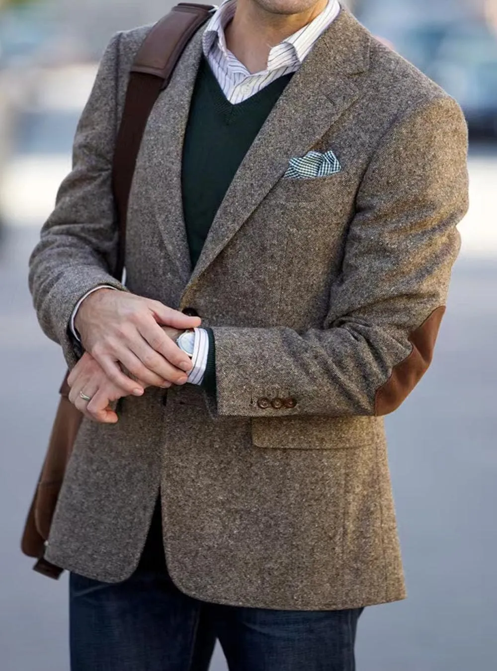 VENNYNG Brown Men's Tweed Blazer Suit Jacket with Elbow Patches Single Breasted Male Short Vintage Trench Coat