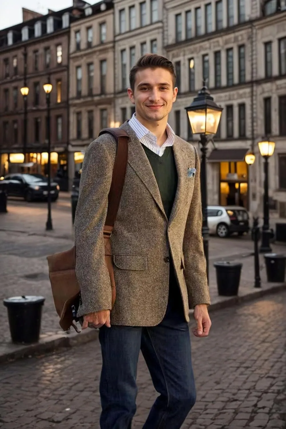 VENNYNG Brown Men's Tweed Blazer Suit Jacket with Elbow Patches Single Breasted Male Short Vintage Trench Coat