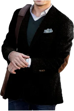 VENNYNG Brown Men's Tweed Blazer Suit Jacket with Elbow Patches Single Breasted Male Short Vintage Trench Coat