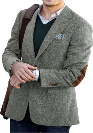 VENNYNG Brown Men's Tweed Blazer Suit Jacket with Elbow Patches Single Breasted Male Short Vintage Trench Coat