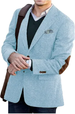 VENNYNG Brown Men's Tweed Blazer Suit Jacket with Elbow Patches Single Breasted Male Short Vintage Trench Coat