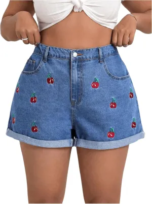 WDIRARA Women's Plus Size Cherry Embroidery Wide Leg Denim Shorts High Waist Rolled Hem Shorts
