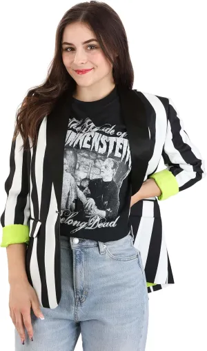 White and Black Stripe Women's Blazer | Mischievous Movie Character Themed Costume Jacket for Cosplay, Halloween Size 2