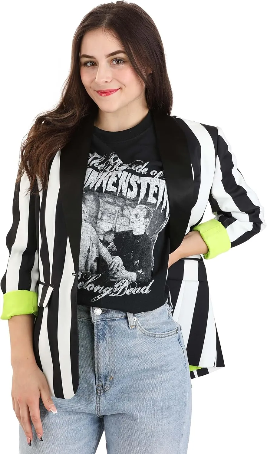 White and Black Stripe Women's Blazer | Mischievous Movie Character Themed Costume Jacket for Cosplay, Halloween Size 2