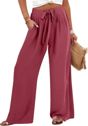 Wide Leg Linen for Pants Women Baggy Knot Tie High Waisted Palazzo Pants Flowy Summer Gauze Beach Pants with Pockets