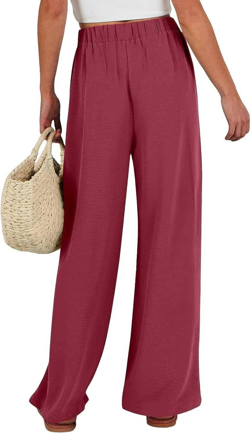 Wide Leg Linen for Pants Women Baggy Knot Tie High Waisted Palazzo Pants Flowy Summer Gauze Beach Pants with Pockets