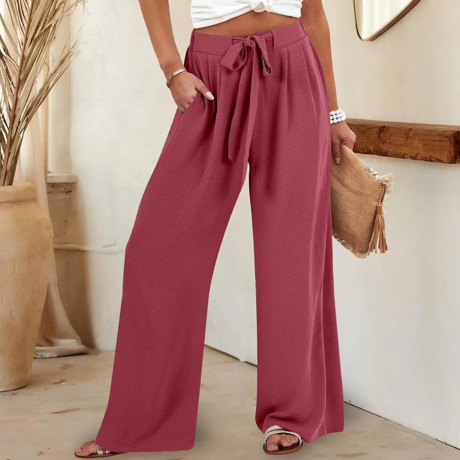 Wide Leg Linen for Pants Women Baggy Knot Tie High Waisted Palazzo Pants Flowy Summer Gauze Beach Pants with Pockets