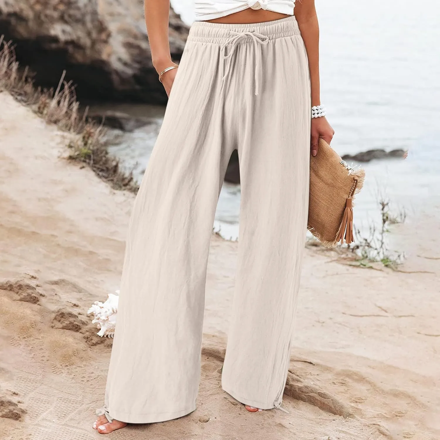 Wide Leg Linen Pants for Women Casual High Waisted Palazzo Pants Lightweight Summer Flowy Beach Trousers with Pockets