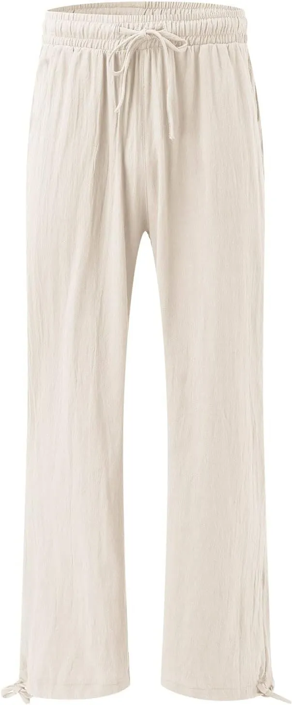 Wide Leg Linen Pants for Women Casual High Waisted Palazzo Pants Lightweight Summer Flowy Beach Trousers with Pockets