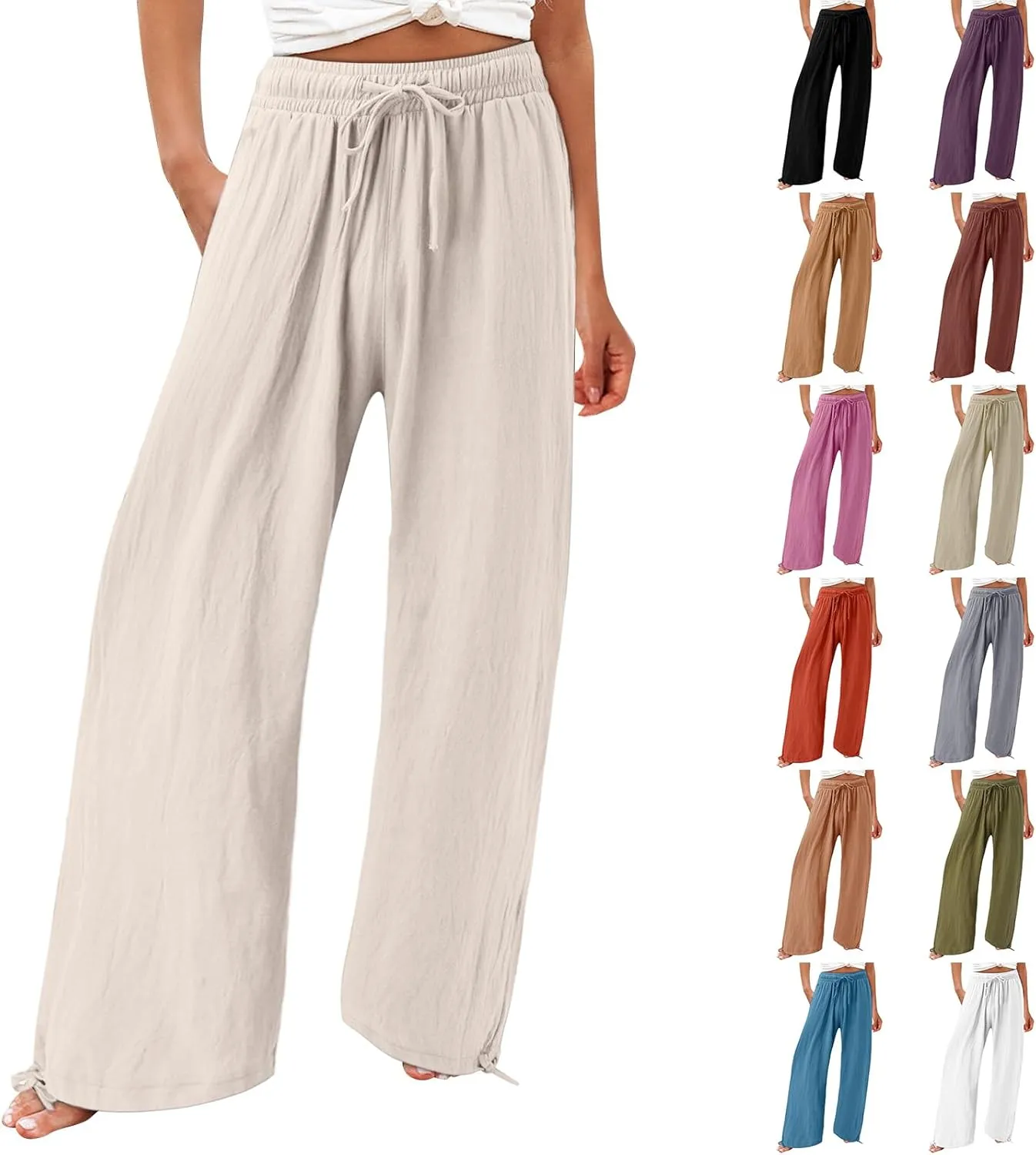 Wide Leg Linen Pants for Women Casual High Waisted Palazzo Pants Lightweight Summer Flowy Beach Trousers with Pockets