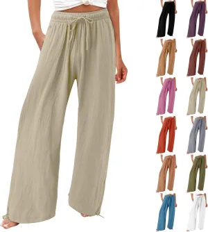 Wide Leg Linen Pants for Women Casual High Waisted Palazzo Pants Lightweight Summer Flowy Beach Trousers with Pockets