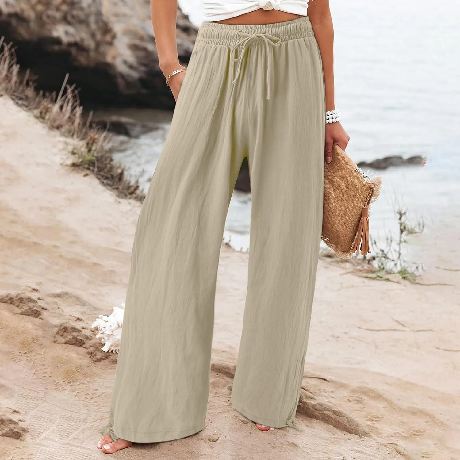 Wide Leg Linen Pants for Women Casual High Waisted Palazzo Pants Lightweight Summer Flowy Beach Trousers with Pockets