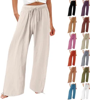 Wide Leg Linen Pants for Women Casual High Waisted Palazzo Pants Lightweight Summer Flowy Beach Trousers with Pockets