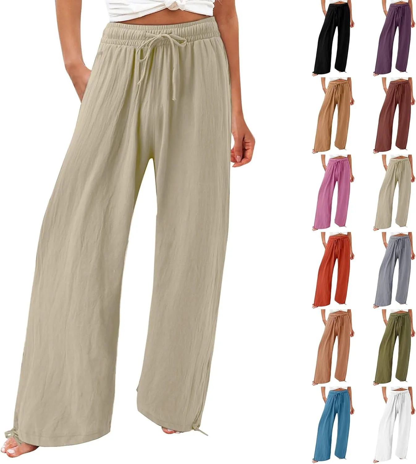 Wide Leg Linen Pants for Women Casual High Waisted Palazzo Pants Lightweight Summer Flowy Beach Trousers with Pockets
