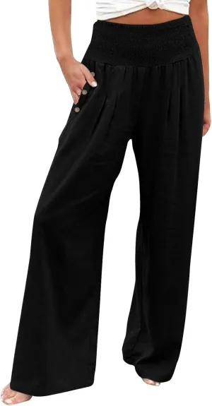 Wide Leg Linen Pull On Pants for Women Petite Summer Casual Capri Pant for Summer Loose Work Trousers
