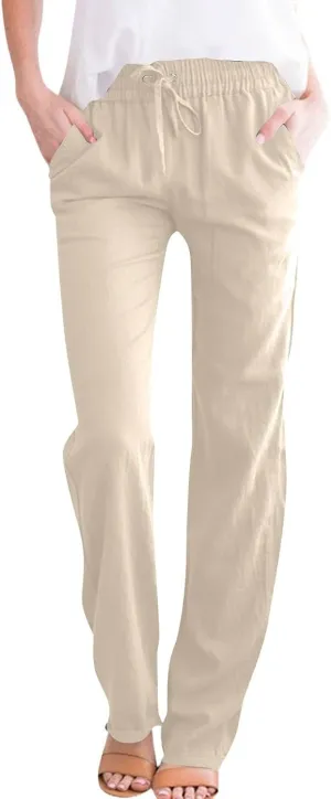 Wide Leg Pants Woman High Waisted,Womens Sweatpants Straight Linen Cotton Trousers Pockets Dressy Palazzo