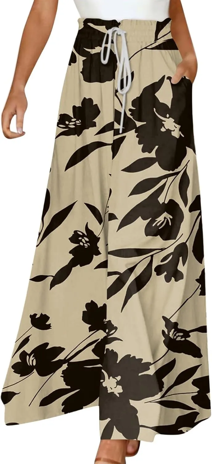 Wide Leg Pants Woman Summer 2025 Flowy High Waisted Trousers Baggy Drawstring Beach Pant with Pockets