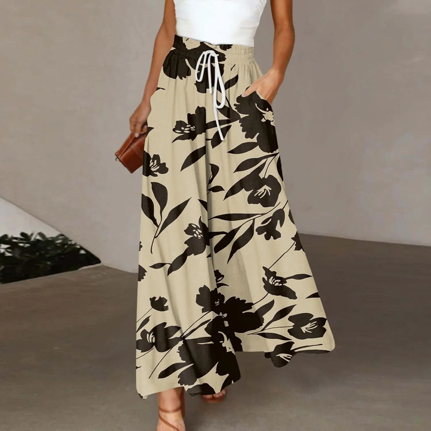 Wide Leg Pants Woman Summer 2025 Flowy High Waisted Trousers Baggy Drawstring Beach Pant with Pockets