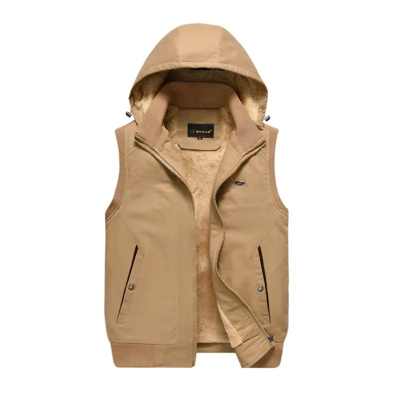 Windproof High Quality Leisure Fashion Men Winter Sleeveless Hooded Fleece Vest