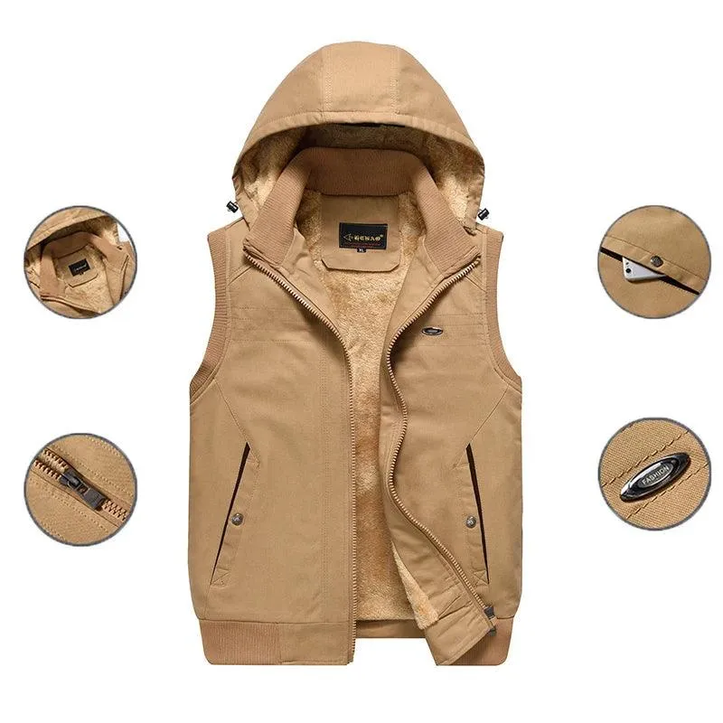 Windproof High Quality Leisure Fashion Men Winter Sleeveless Hooded Fleece Vest