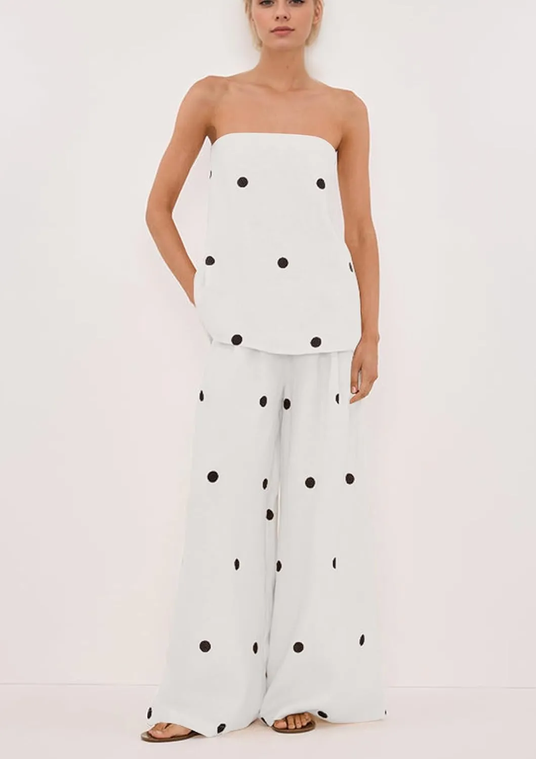 Women 2 Piece Outfits Polka Dot Summer Pants Set Strapless Tube Top High Elastic Waist Wide Leg Pants Lounge Sets