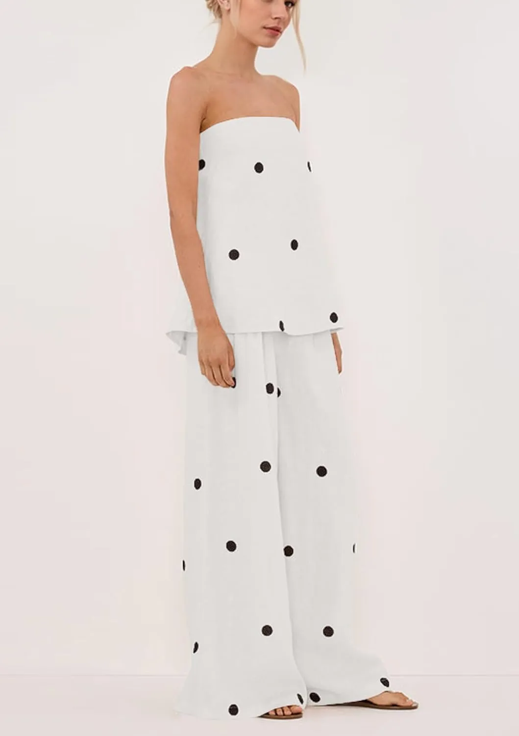 Women 2 Piece Outfits Polka Dot Summer Pants Set Strapless Tube Top High Elastic Waist Wide Leg Pants Lounge Sets